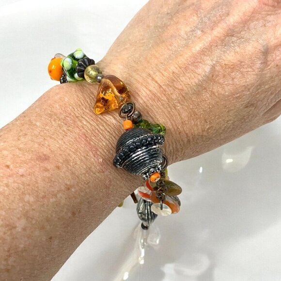 Treska Jewelry Botanical Beaded Charm Bracelet Orange Green Silver Art Glass - Picture 3 of 5